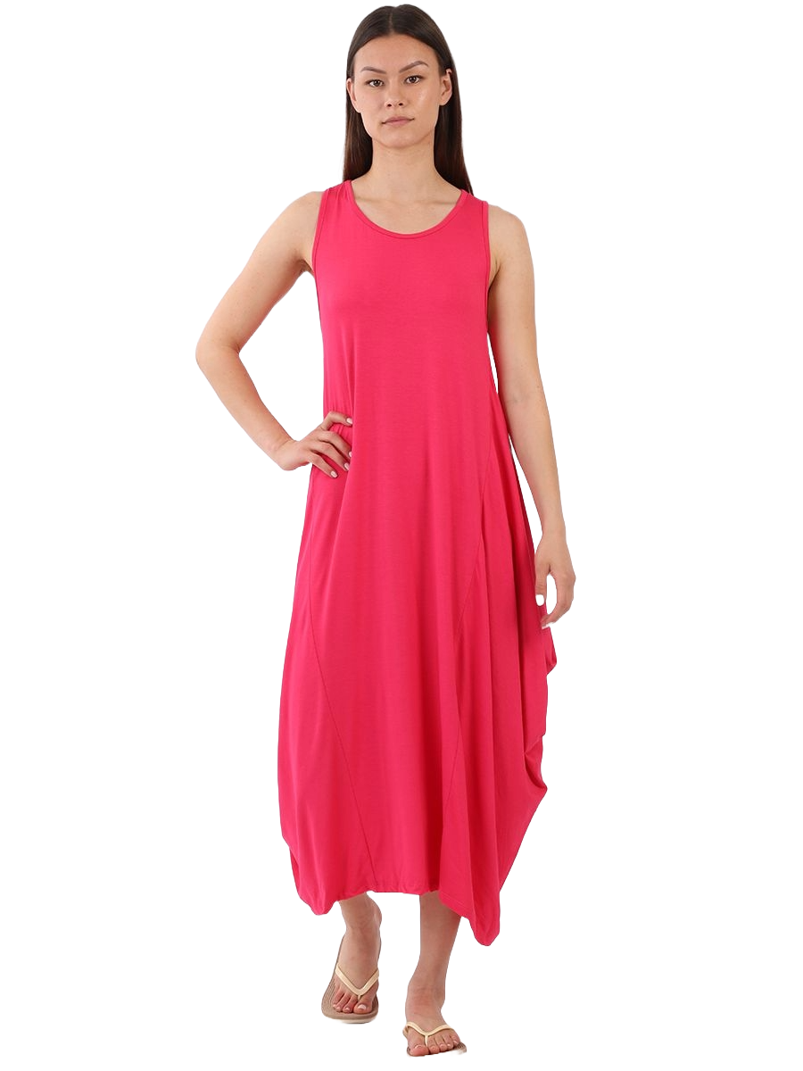 Sleeveless Parachute Dress in pink with scoop neck and maxi style.