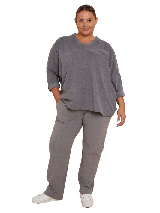 Super Soft Suedette Co Ord Set with V-neck top and relaxed fit bottoms.