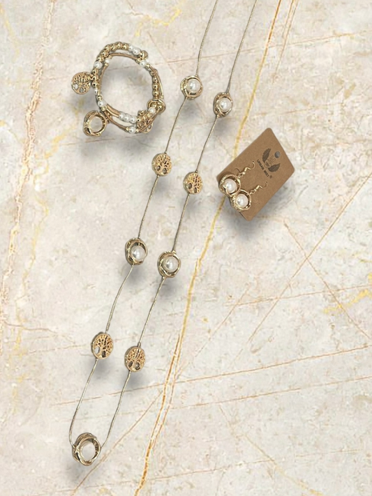 Tree and Pearl Jewellery Set in gold effect, includes necklace, stretch bracelet, and earrings.