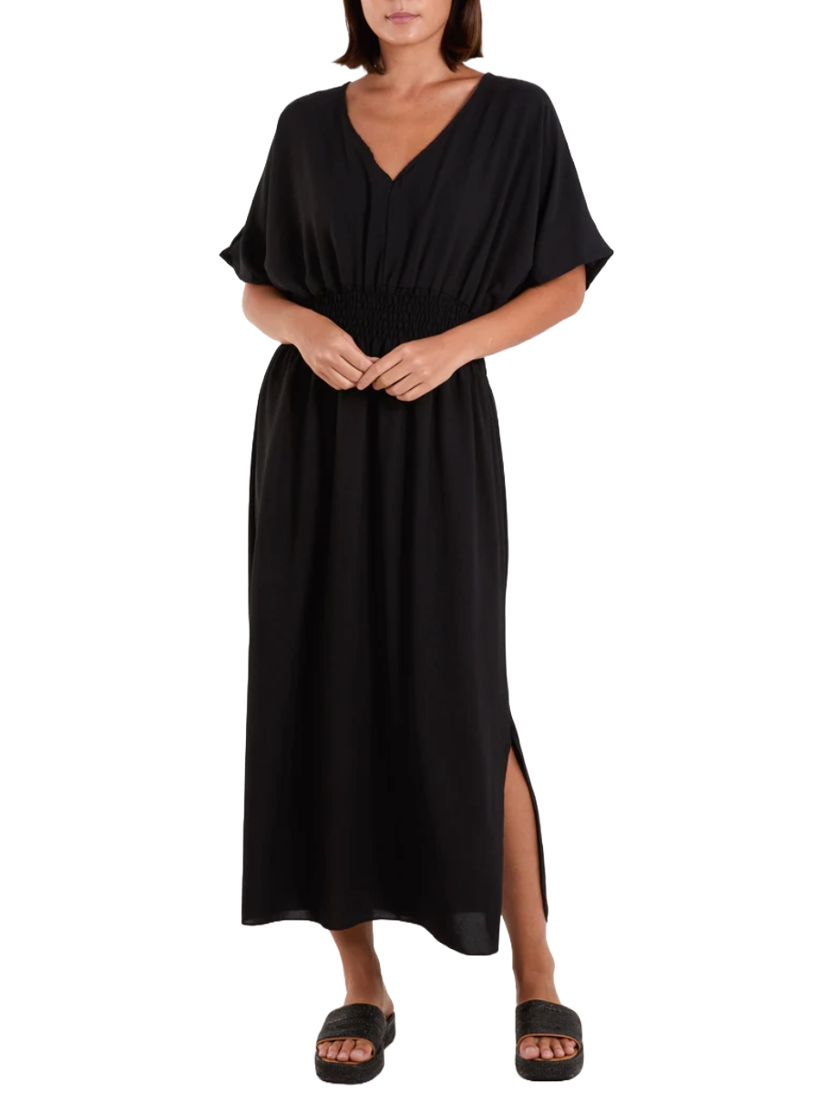 V Neck Shirred Waist Dress in black with side slit.