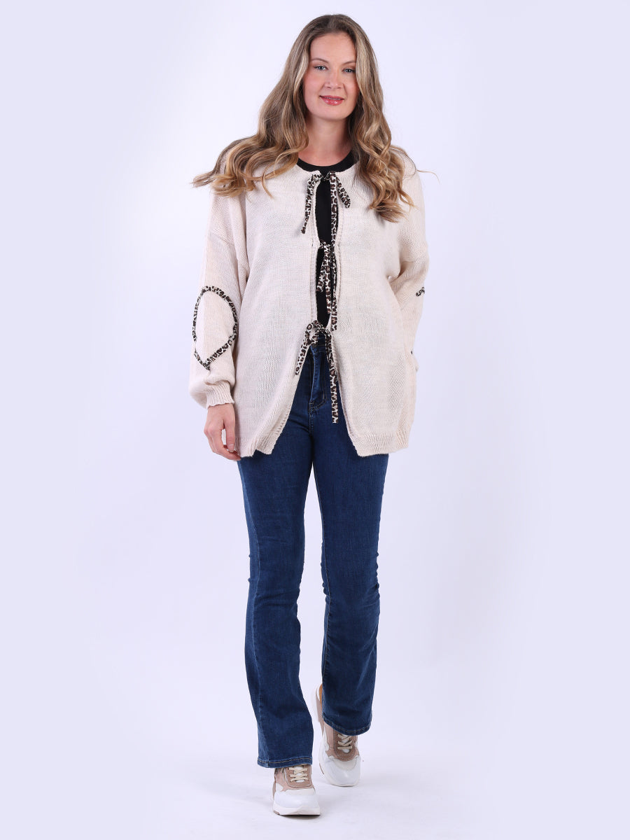 Front Tie Leopard Trimmed Cardigan