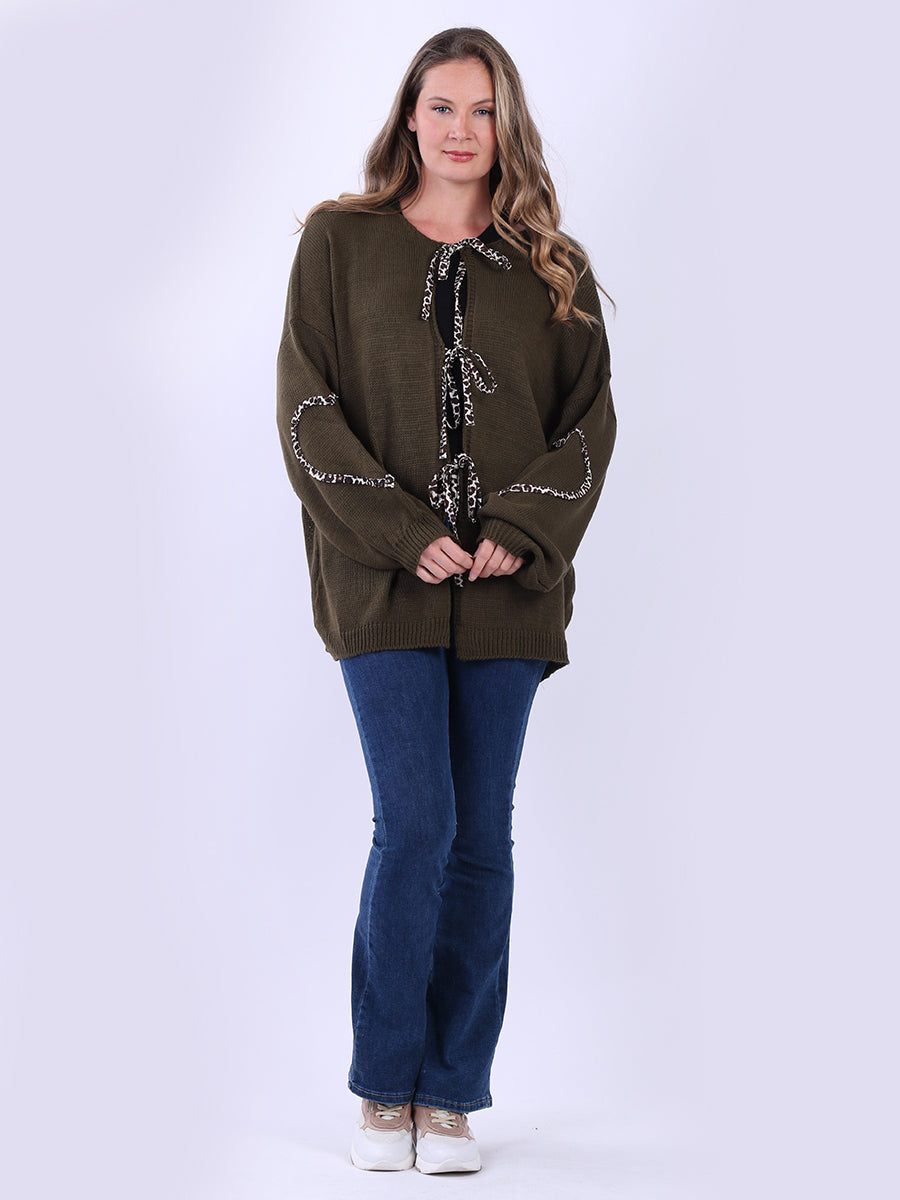 Front Tie Leopard Trimmed Cardigan