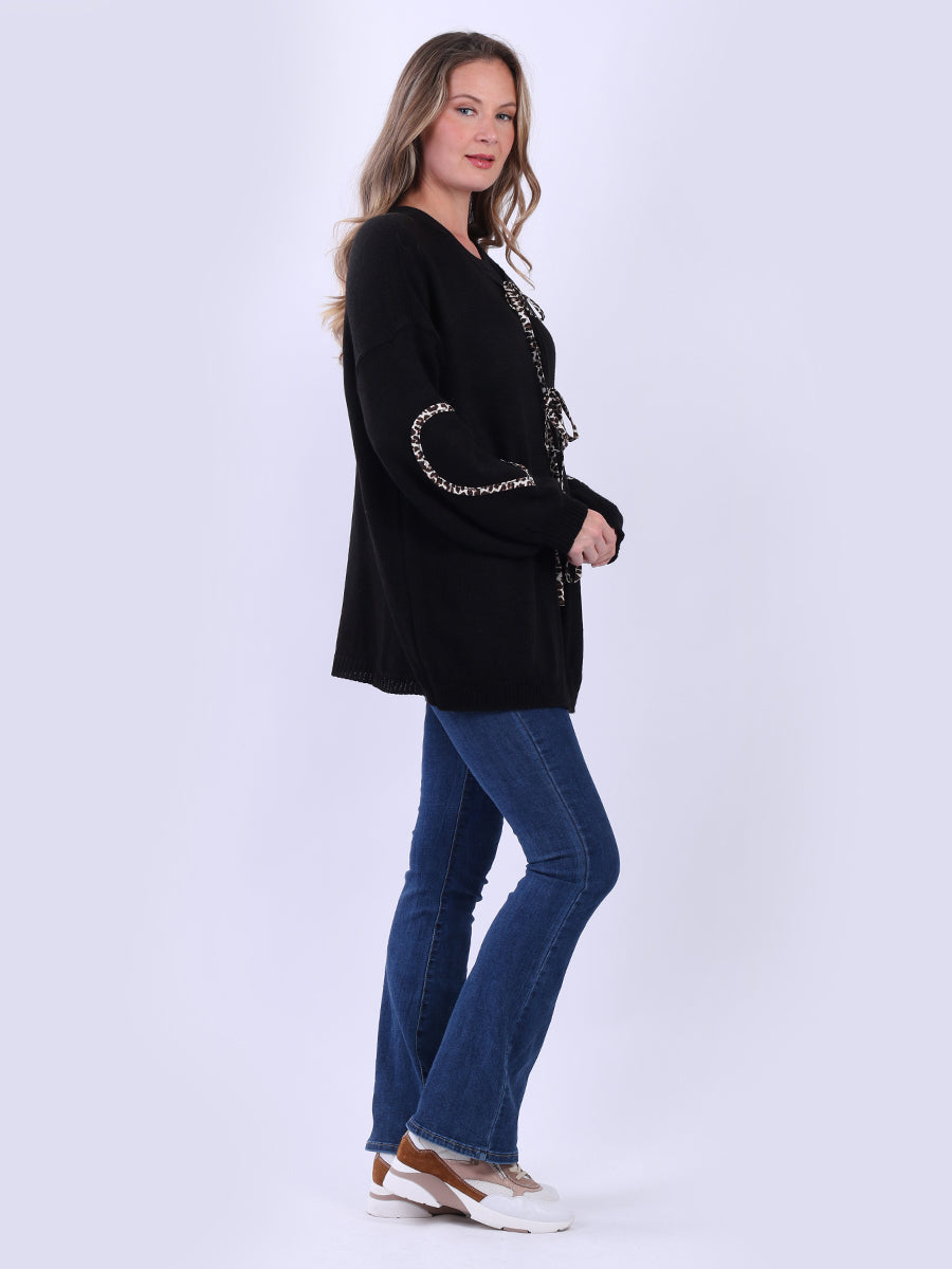 Front Tie Leopard Trimmed Cardigan