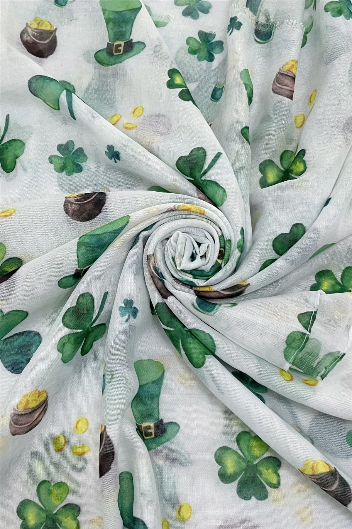 Lucky Shamrock Scarf with clover and leprechaun hat design, 70x180cm, cotton-polyester blend.