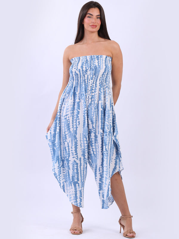 Tie Dye Bandeau Jumpsuit with Smocked Yoke and Wide Legs, One Size UK 10-16.