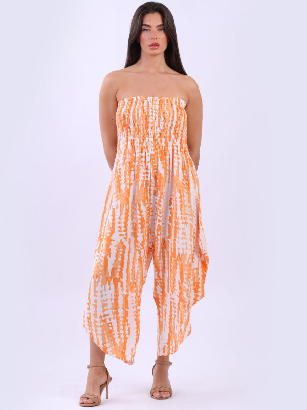 Tie Dye Bandeau Jumpsuit with Smocked Yoke and Wide Legs, Made in Italy, Size UK 10-16.