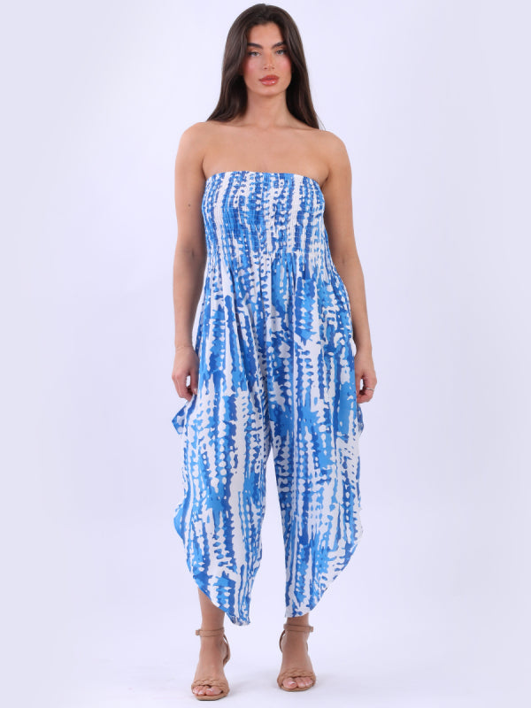 Tie Dye Bandeau Jumpsuit with smocked yoke and wide legs in blue and white print.