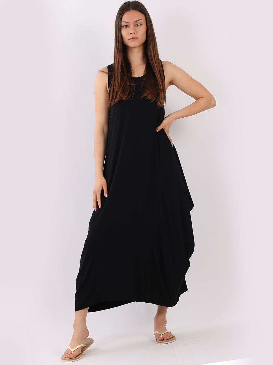 Sleeveless Parachute Dress, Maxi Style, Scoop Neck, Black, Made in Italy