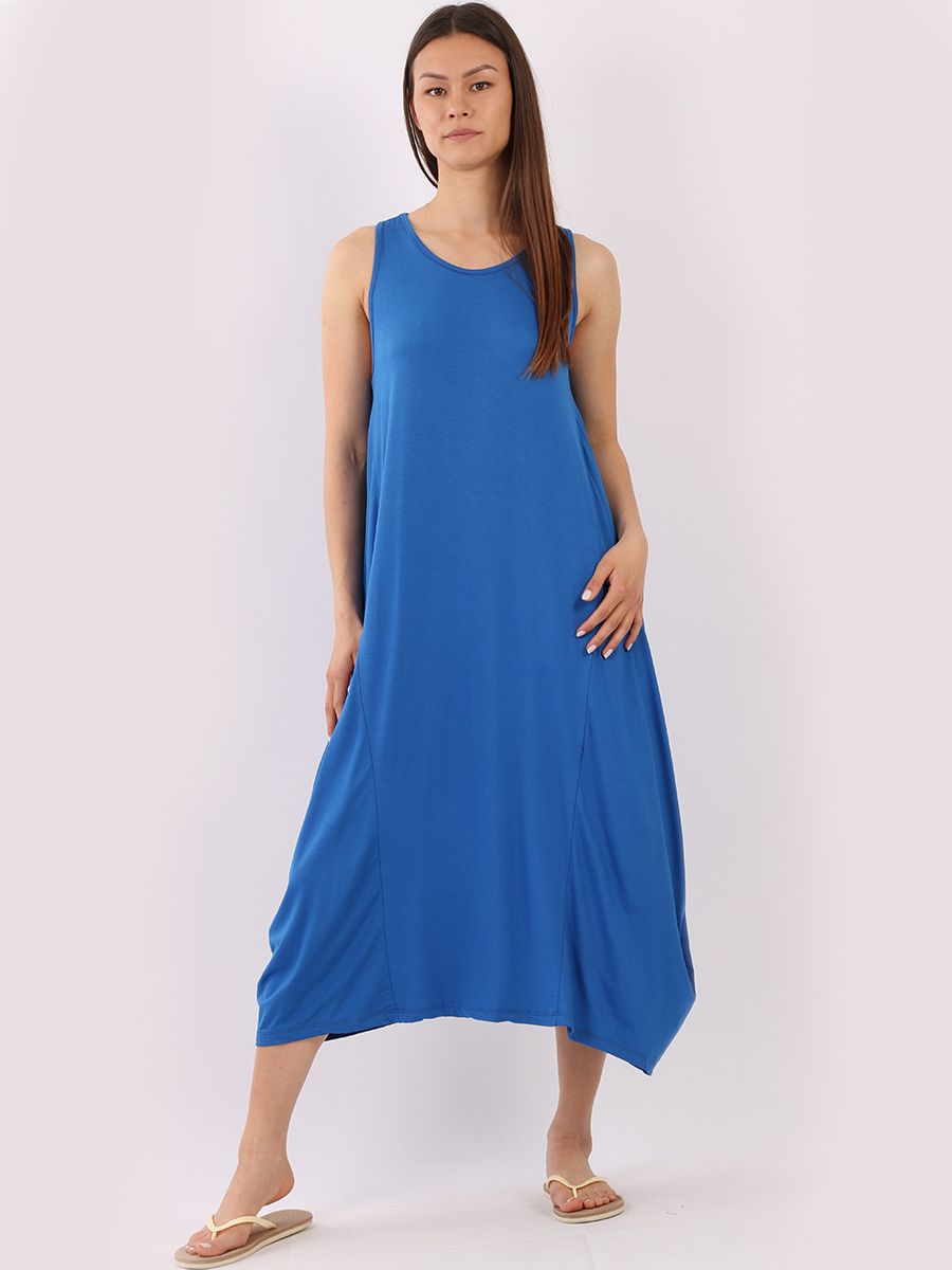 Blue sleeveless parachute dress with scoop neck and maxi style.