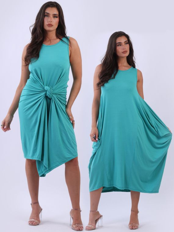 Sleeveless Parachute Dress, scoop neck, maxi style, teal color.