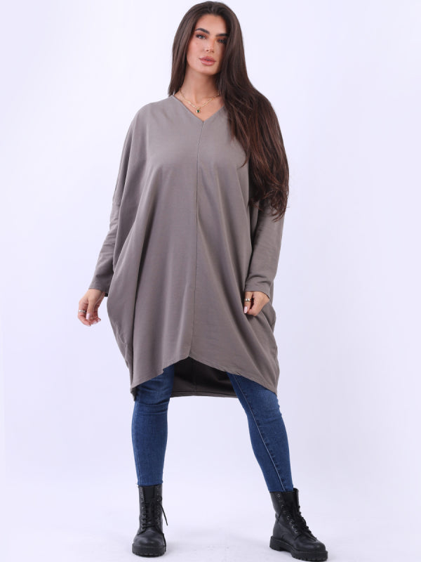 V Neck Batwing Sweatshirt with batwing sleeves and narrow hem, one size UK fit 14-24, plus size.