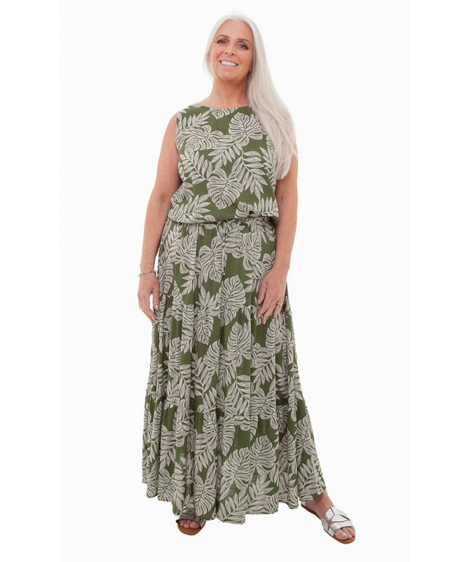 Leaf tiered maxi skirt with dotty leaf print, featuring an elasticated waistband and self-tie detail.