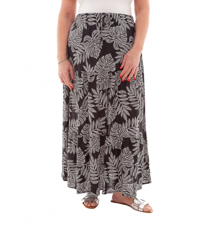 Leaf Tiered Maxi Skirt with Dotty Leaf Print and Elastic Waistband