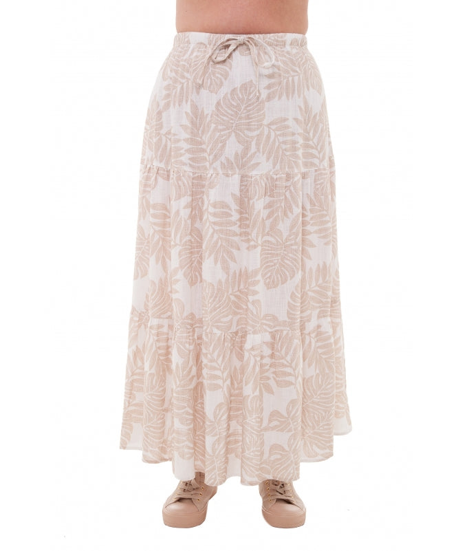 Leaf tiered maxi skirt with dotty leaf print, elasticated waistband, and self-tie detail.