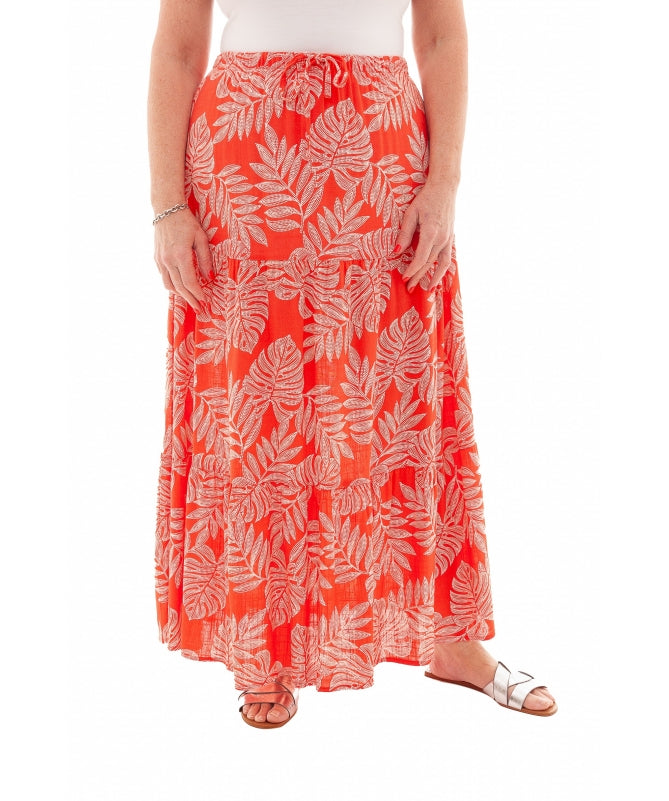 Leaf Tiered Maxi Skirt with leaf print and elasticated waistband.