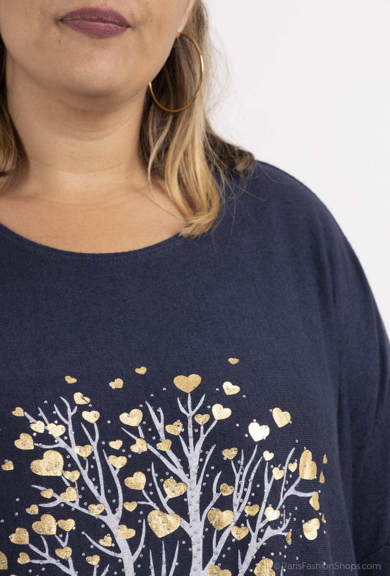 Heart Tree Soft Touch Top with Stud Detail and Metallic Hearts