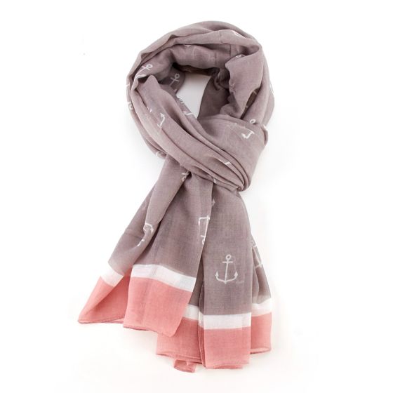 Pink and grey anchors and stripes scarf with nautical design, lightweight polyester fabric, versatile for casual or semi-formal outfits.