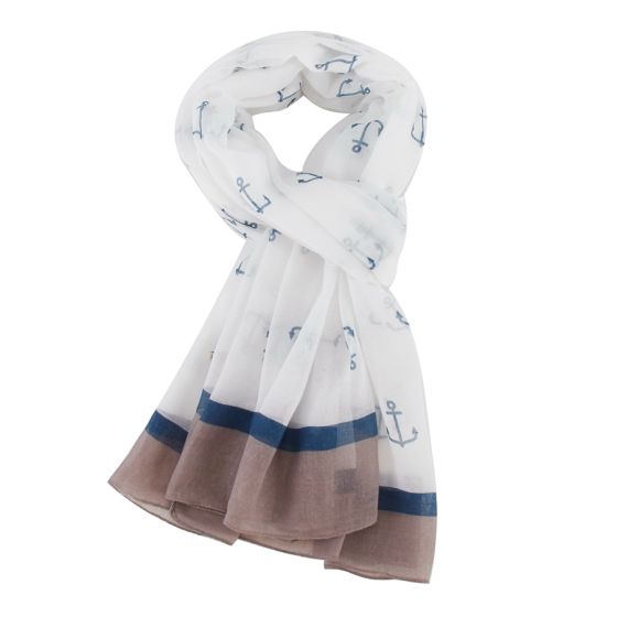 Pink and grey nautical stripes scarf with anchors, lightweight polyester.