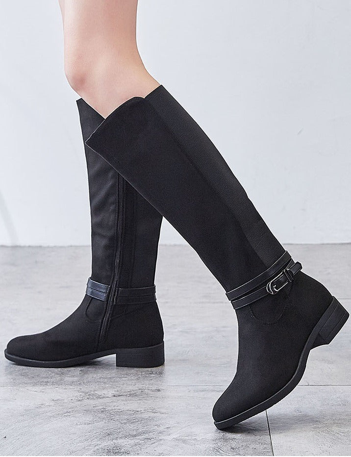 Knee high wide fit boots with buckle detail and zip in black suede effect.