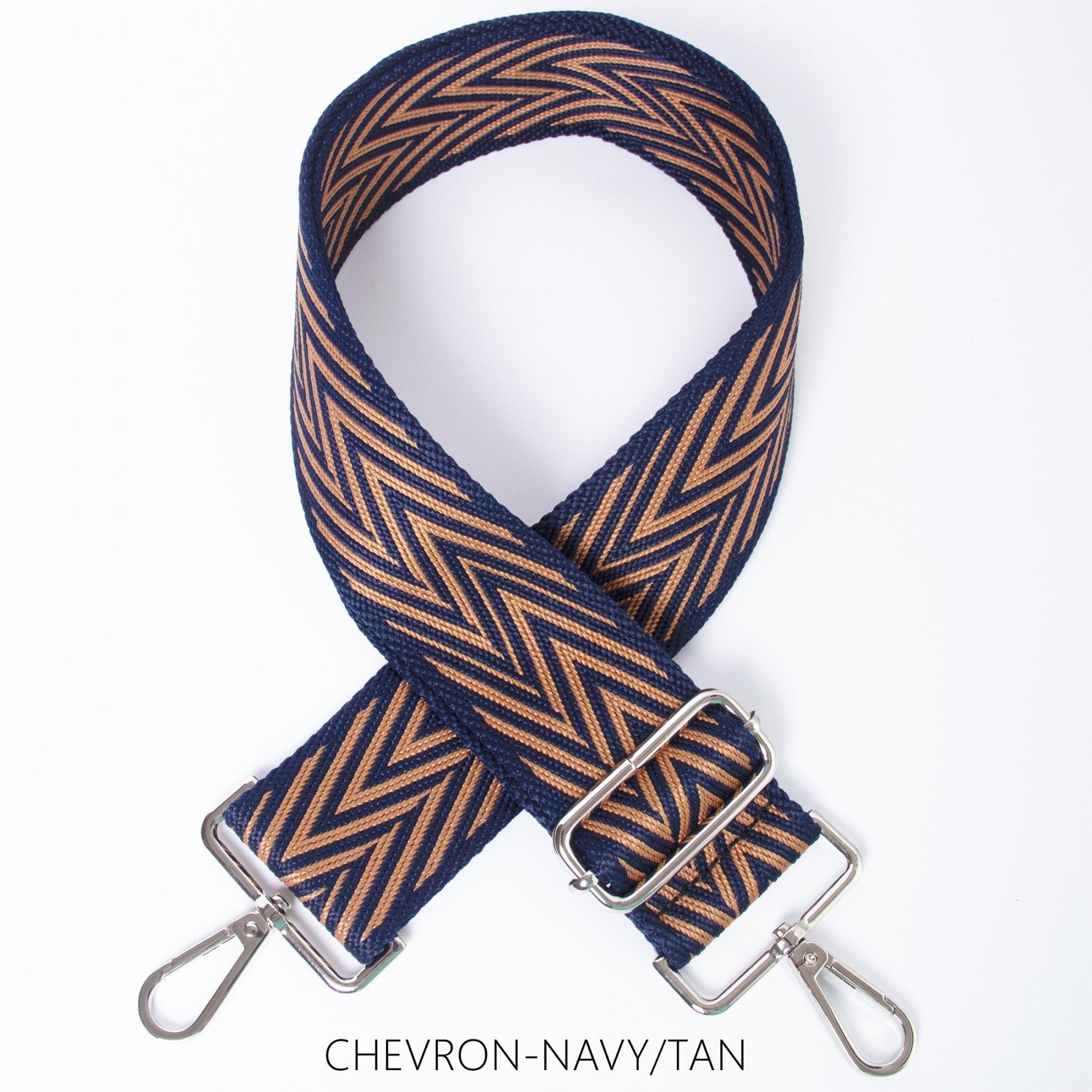 Chevron Wide Bag Strap in navy and tan with interchangeable design.