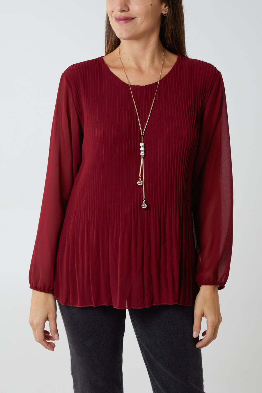 Pleated Top - Lined with Long Sleeves and Round Neck
