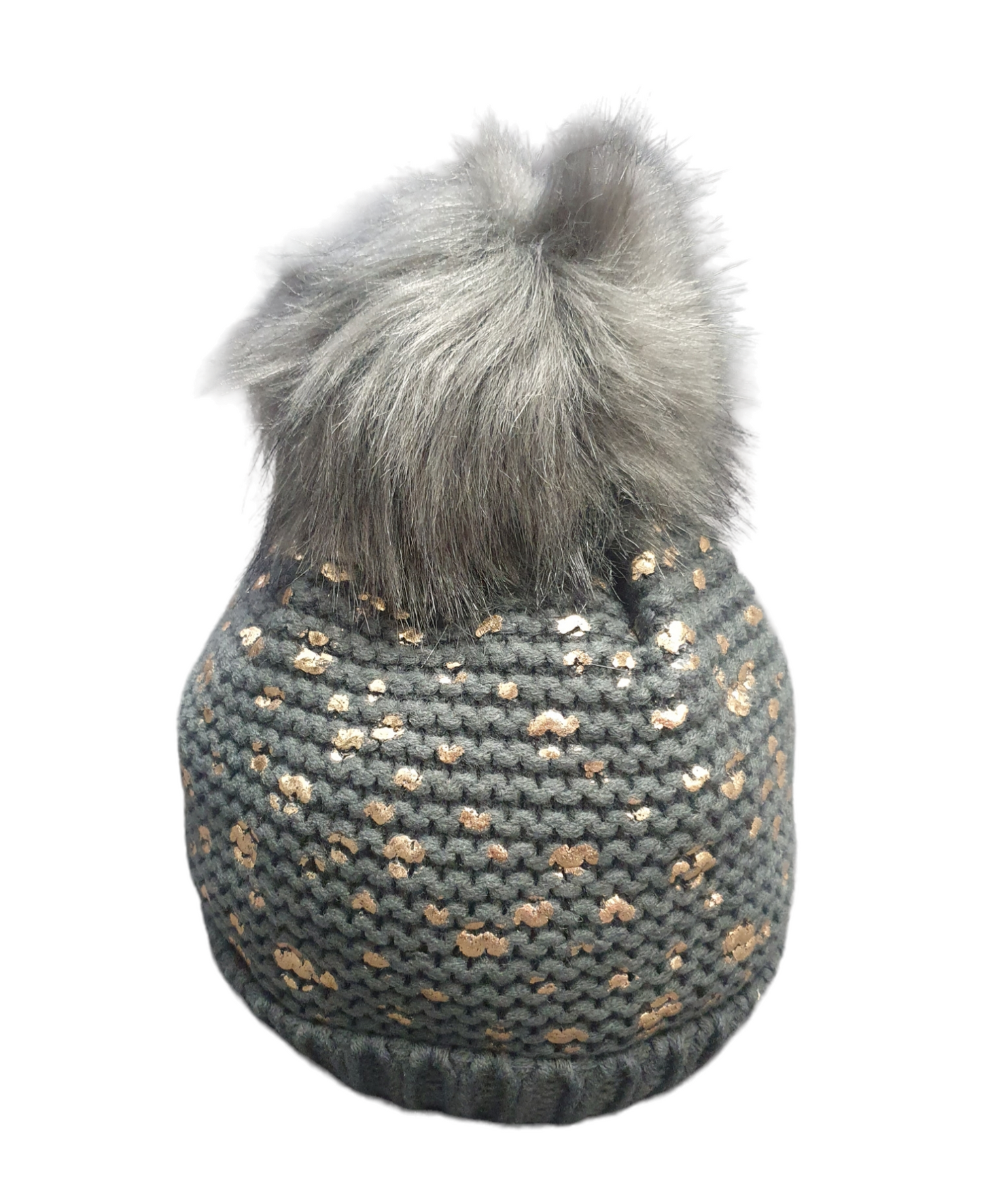 Metallic Foil Pom Pom Hat, 100% acrylic, gray knit with metallic accents, faux fur pom pom.