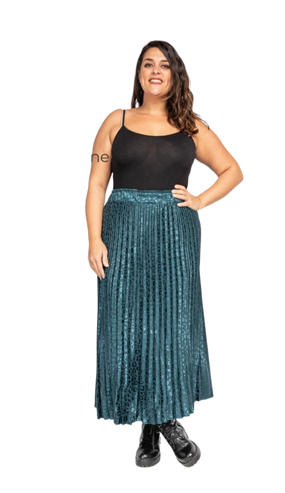 Navy and teal animal print pleated skirt with elegant flow.