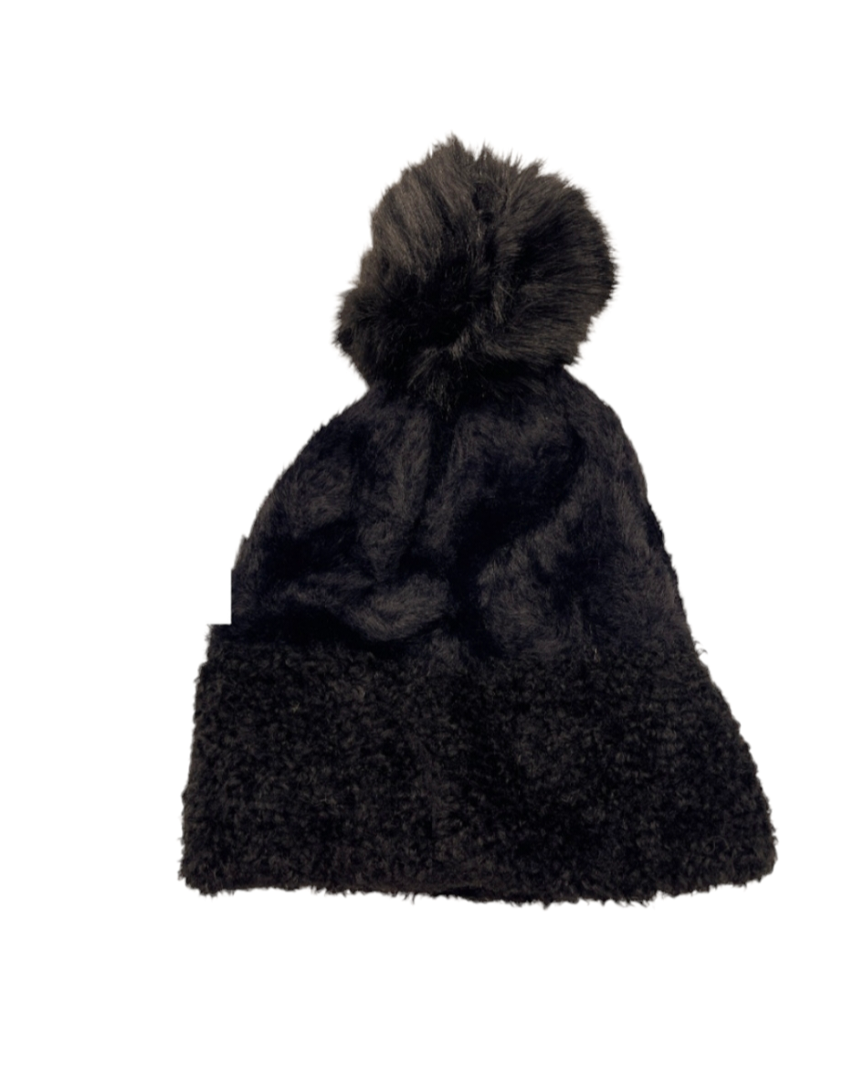 Removable pom pom hat, fleece lined, 100% acrylic.